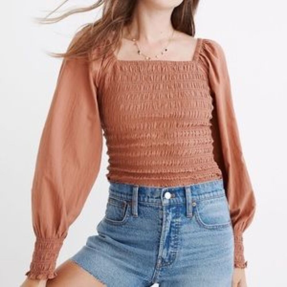 Madewell Lucie Bubble Sleeve Smocked Top in Burnt Umber
